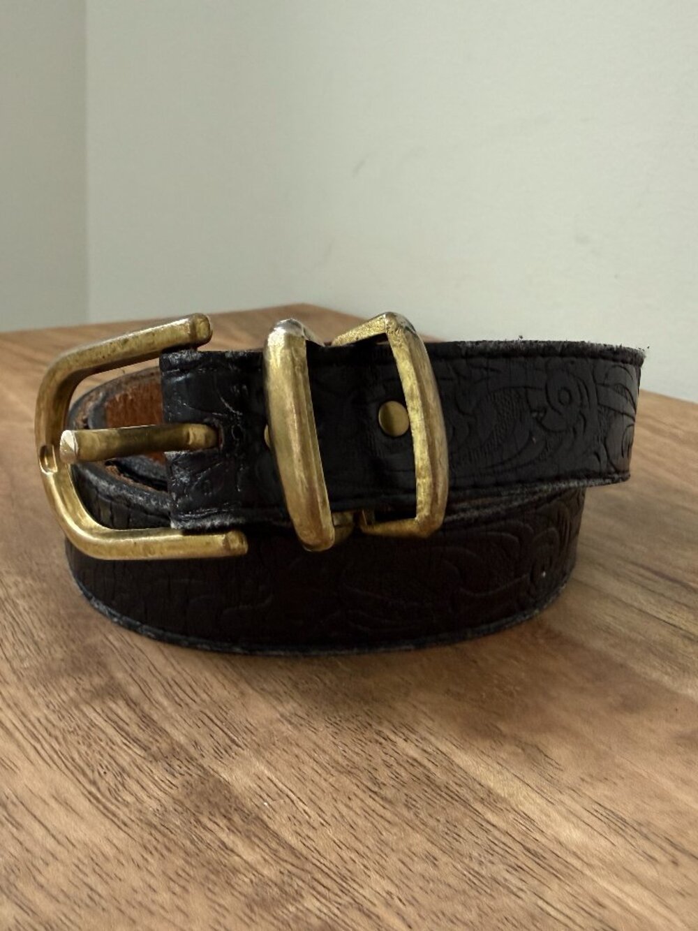 Vintage PAULITH Western Tooled Full Grain Black Leather Double Prong Belt 1184